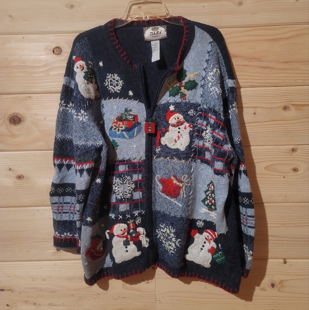 Vintage Tiara International Holiday Patchwork Cardigan Size 2X 26x26